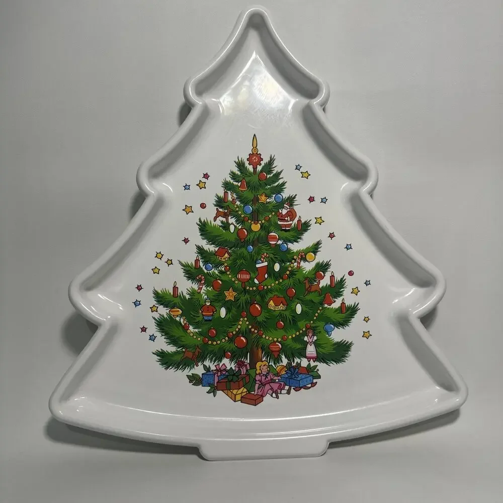 Vtg White Plastic Christmas Tree-Shaped Cookie Tray Made In USA EUC